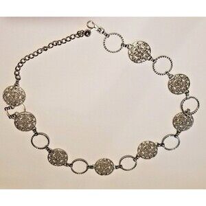Women's Belt Metal Silver Tone Circular Filigree Link Adjustable BOHO Y2K